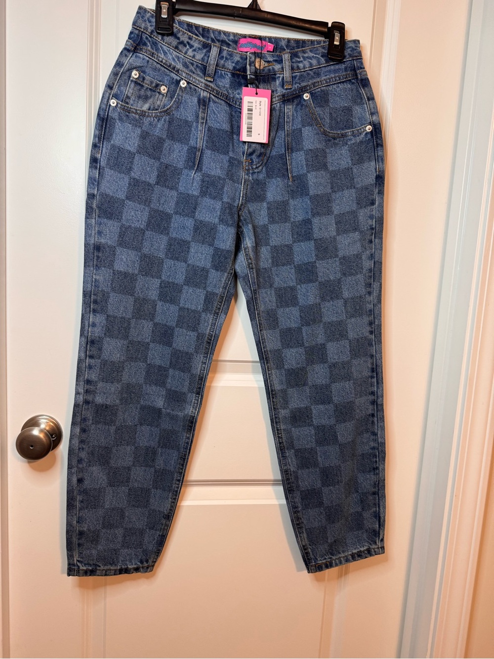 Edikted Blue Checkered Boyfriend Jeans with Pink Tag